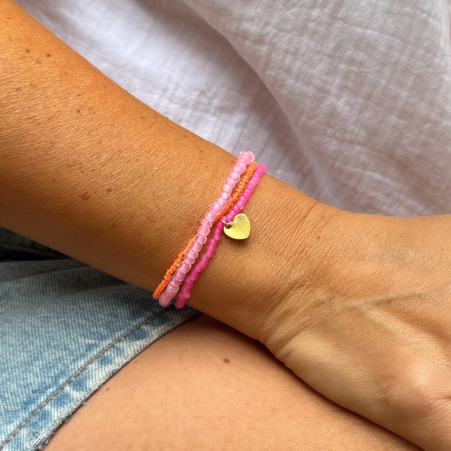 Katja Neon Beaded Bracelet with Gold Heart Charm - Razzle and Rose Jewellery