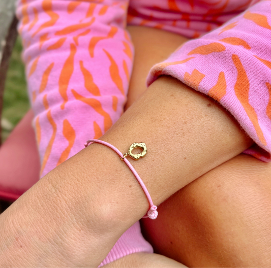 Amira Pink Cord Bracelet with Gold Textured Oval Charm | Adjustable - Razzle and Rose Jewellery
