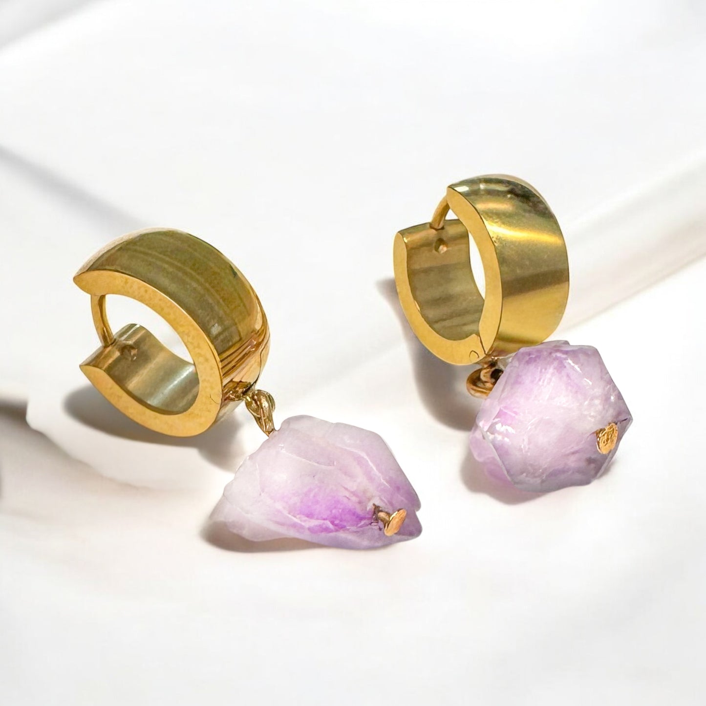 Malia Lilac Raw Amethyst Gemstone Gold Hoop Earrings - Razzle and Rose Jewellery