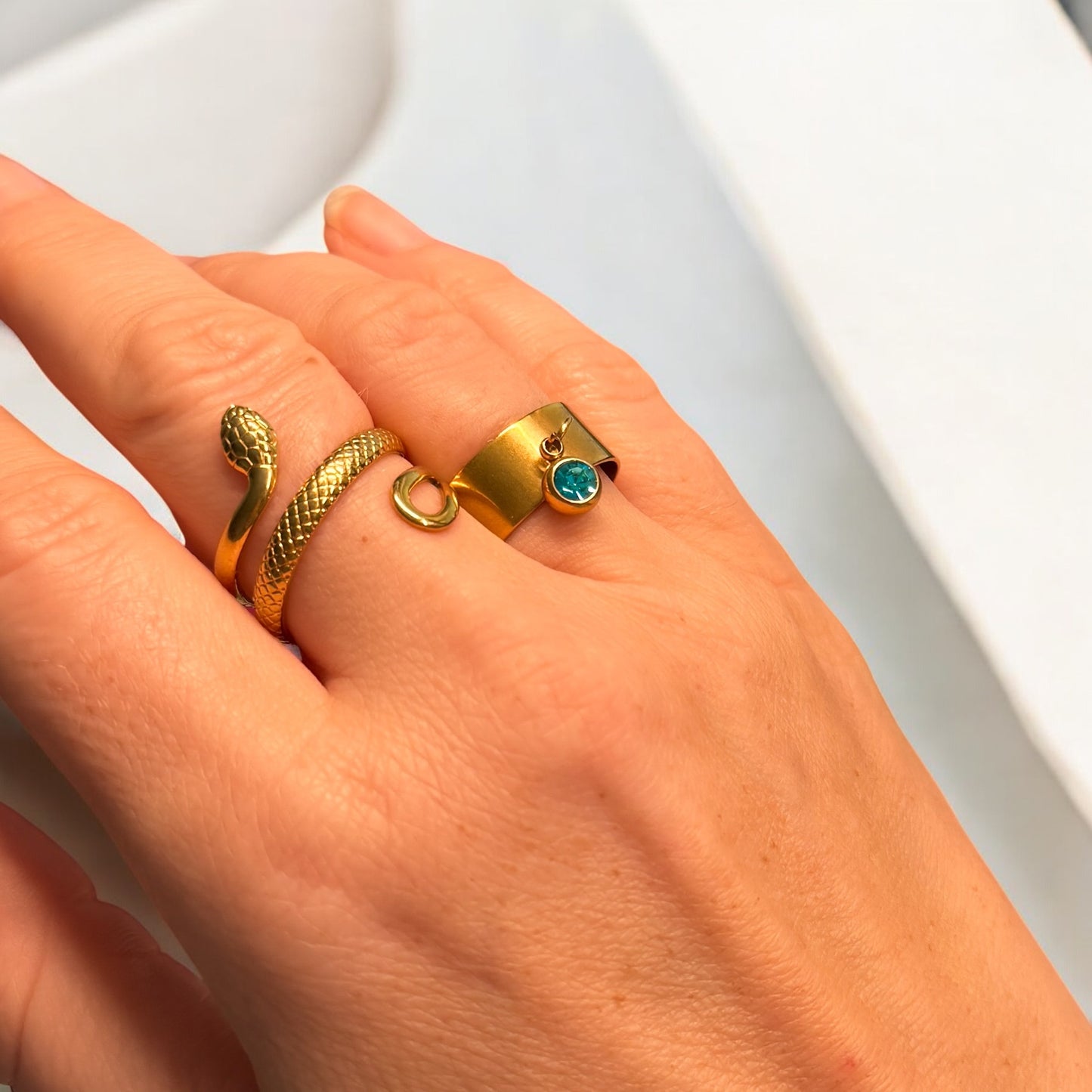 Vera Aqua Gemstone Gold Charm Ring | Adjustable - Razzle and Rose Jewellery