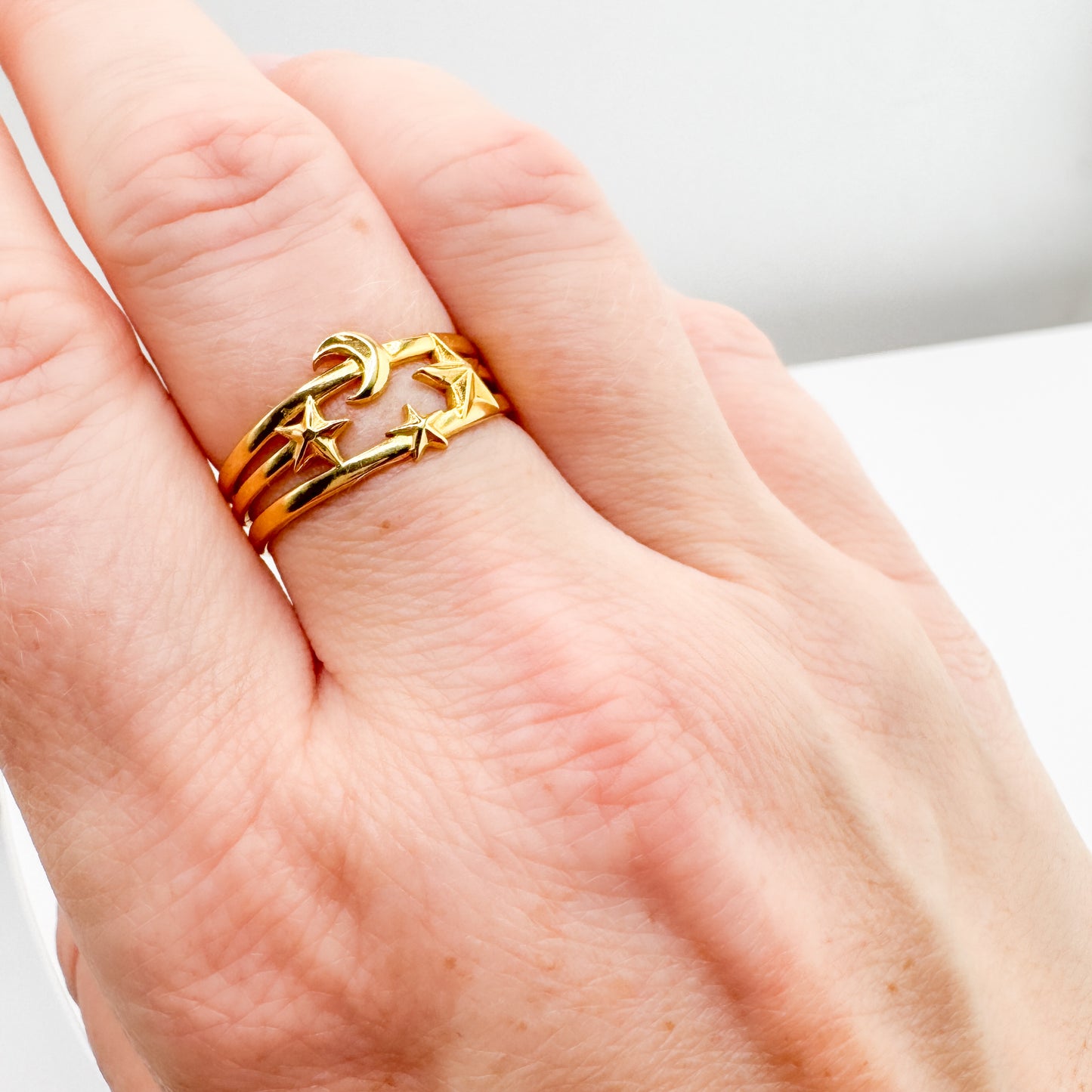 Nova Celestial Gold Triple Band Moon and Star Ring | Adjustable