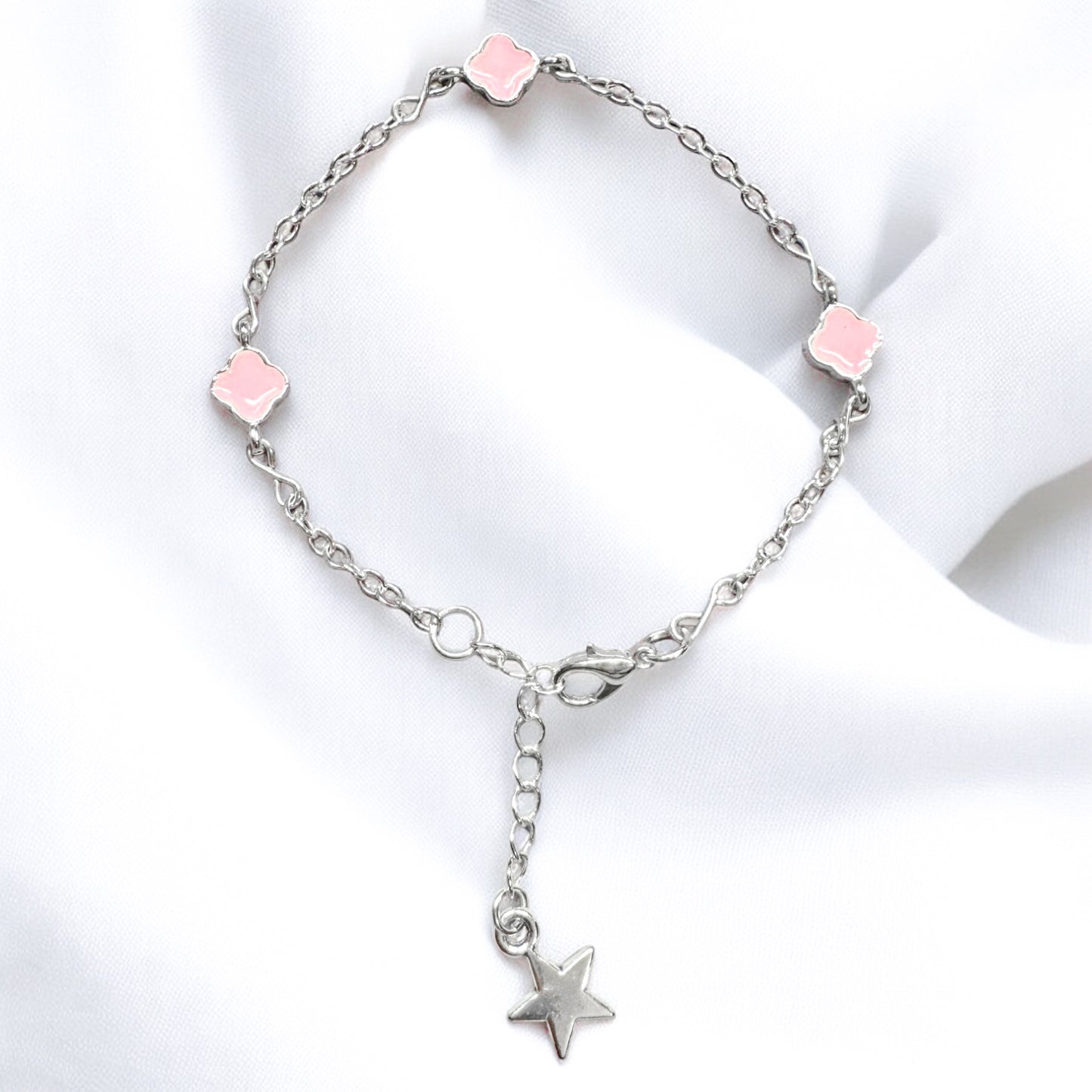 Camilla Baby Pink Clover Link Silver Bracelet