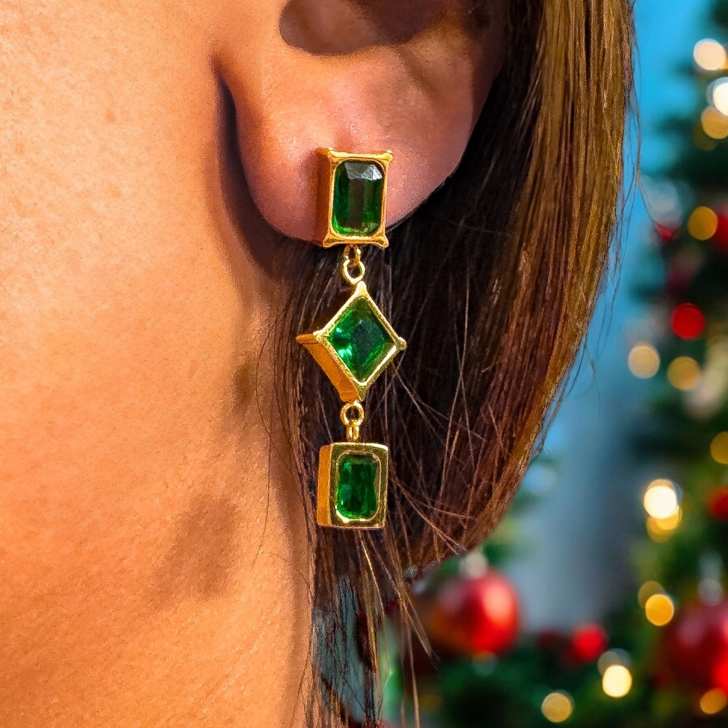 Gita Green Geometric Gold Statement Earrings Default Title Drop Earrings Razzle and Rose