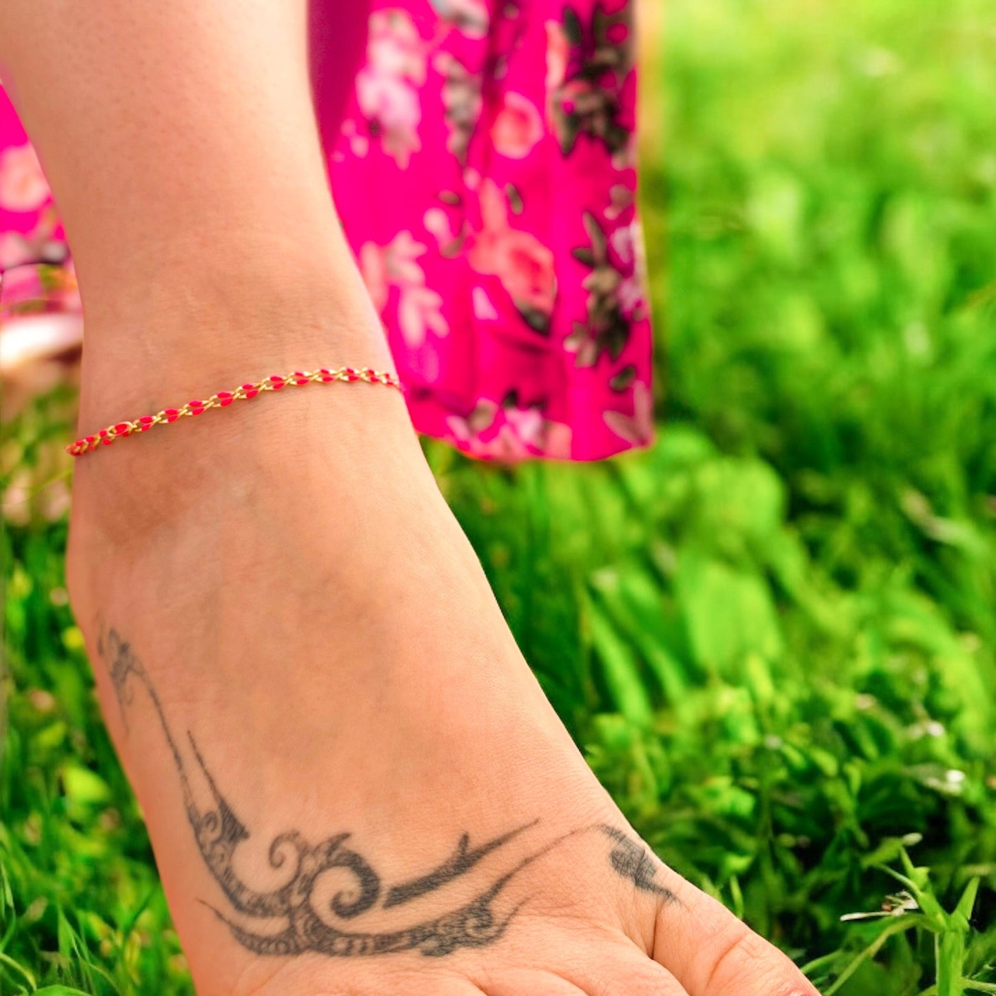 Sansa Hot Pink Enamel Gold Chain Anklet.