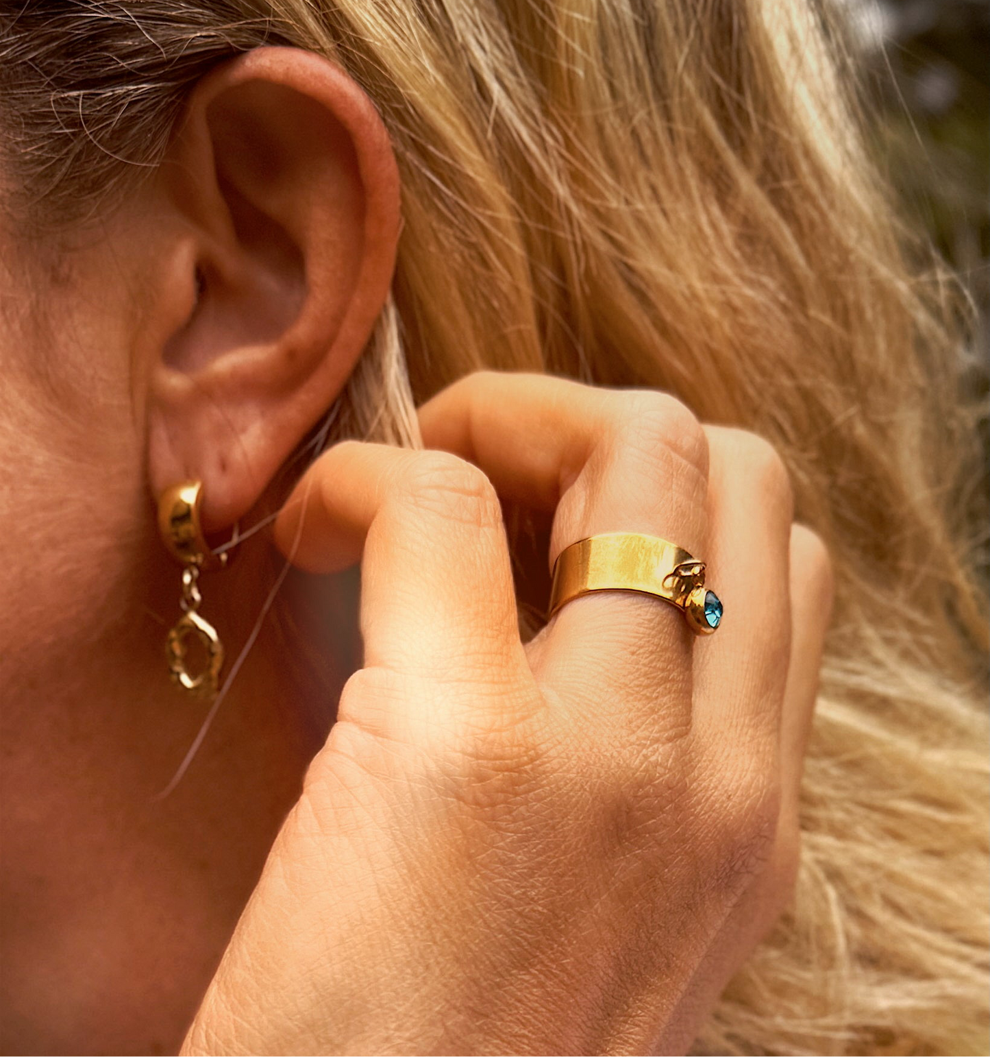 Vera Aqua Gemstone Gold Charm Ring | Adjustable - Razzle and Rose Jewellery