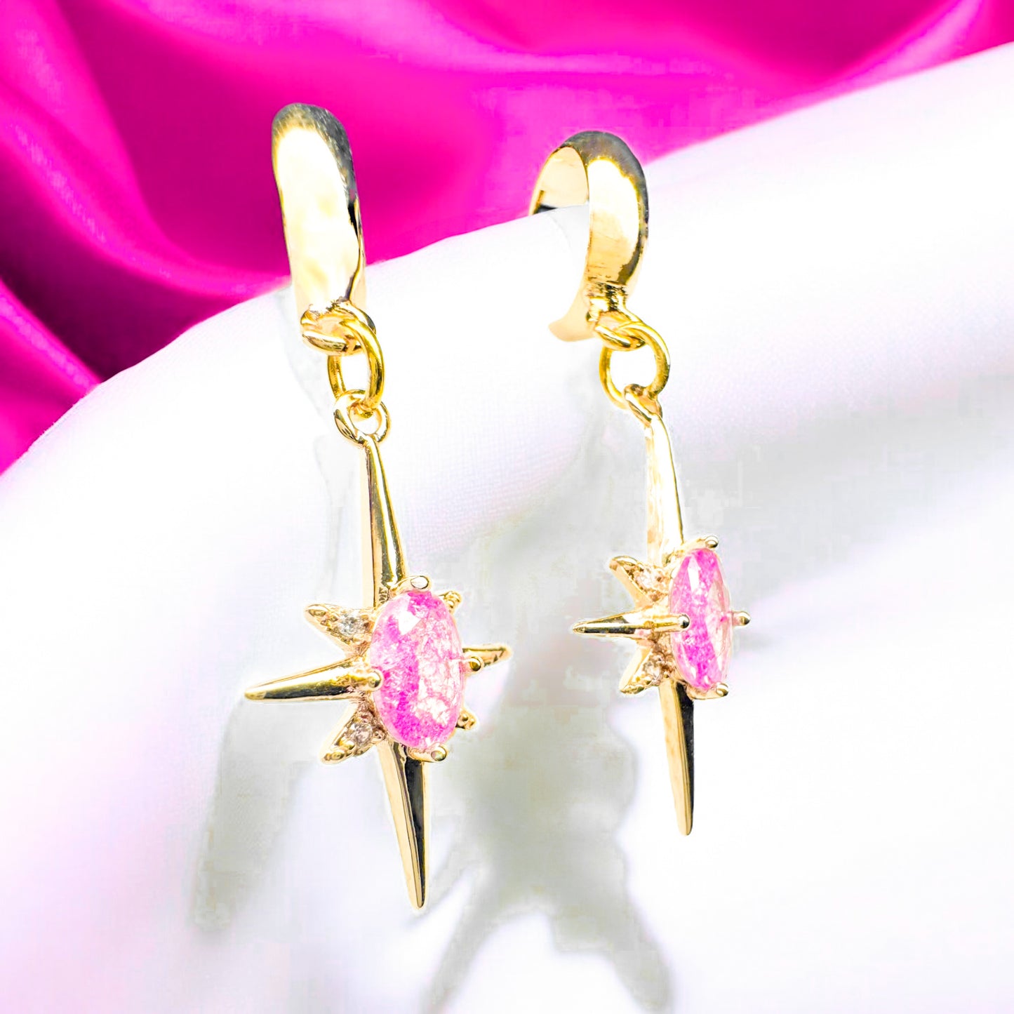 Jemima Pink Gemstone Star Charm Gold Earrings - Razzle and Rose Jewellery
