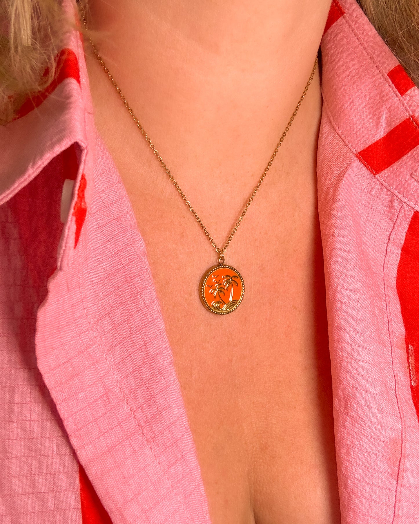 Alba Gold Palm Tree Pendant Necklace | Orange - Razzle and Rose Jewellery
