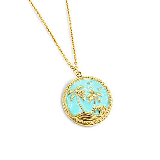 Alba Gold Palm Tree Pendant Necklace | Aqua Blue - Razzle and Rose Jewellery