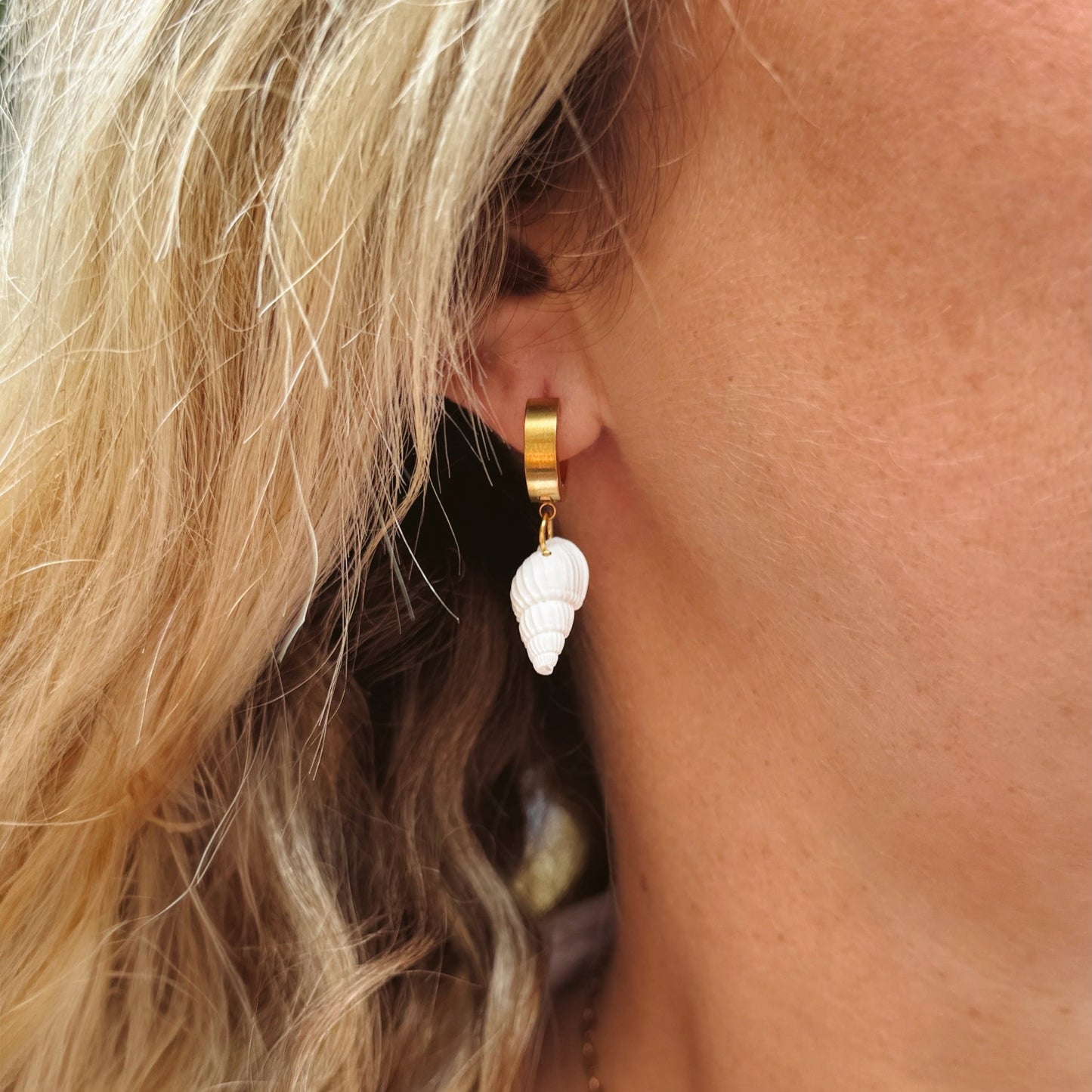 Ariel White Shell Charm Gold Hoop Earrings