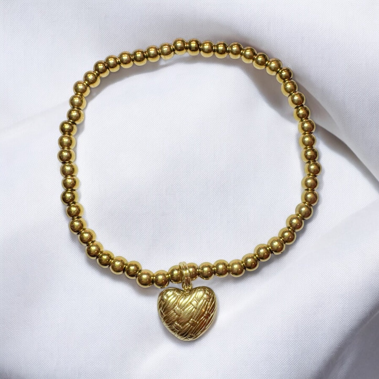 Laura Gold Bead Solid Heart Charm Stretch Bracelet | Adjustable