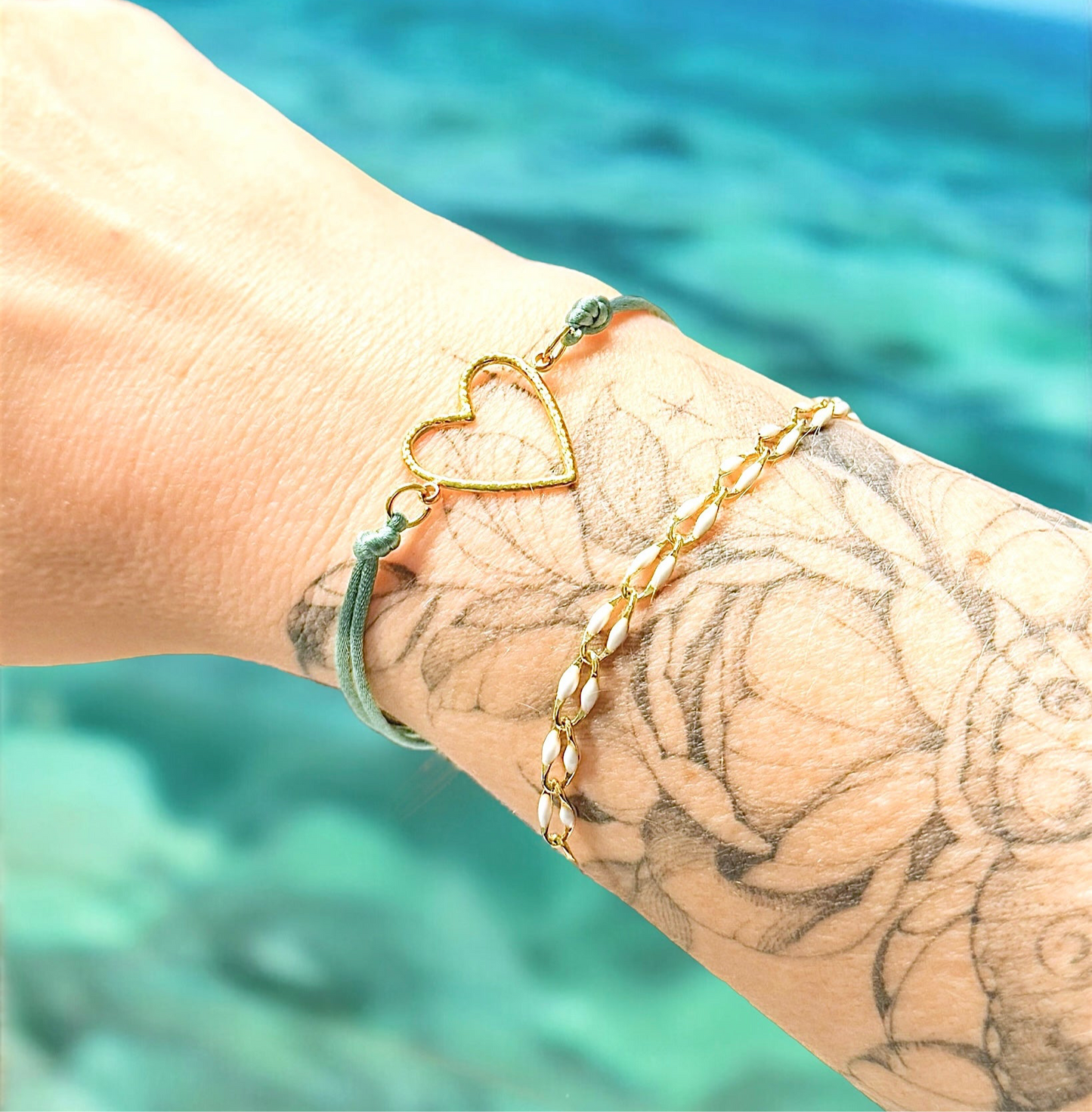 Palma Gold Heart Green Slider Cord Bracelet - Razzle and Rose Jewellery