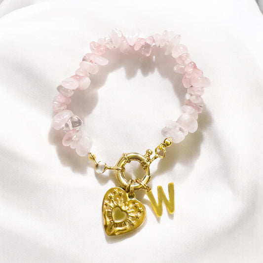 Rosalie Gold Rose Quartz Charm Bracelet | Choose Your Initial - Razzle and Rose Jewellery