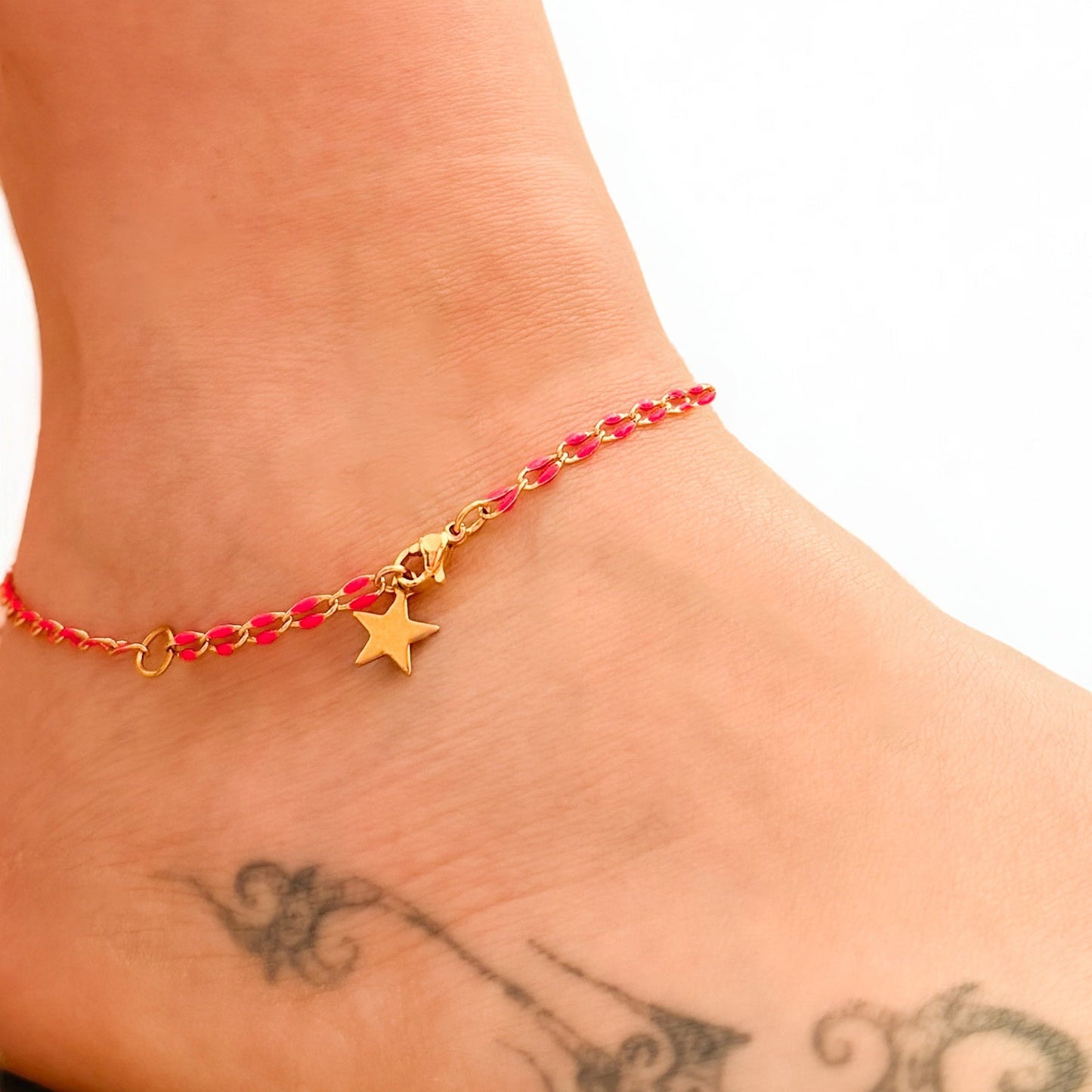 Sansa Hot Pink Enamel Gold Chain Anklet.