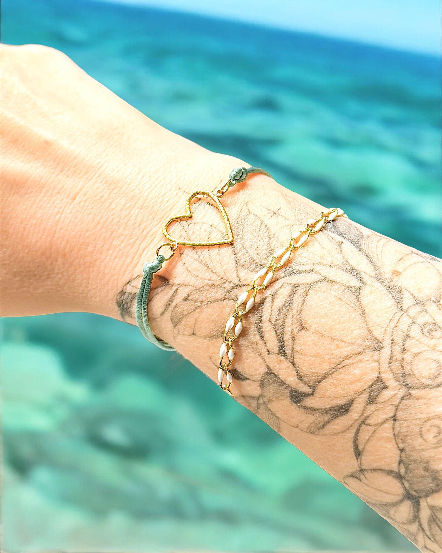 Palma Gold Heart Green Slider Cord Bracelet - Razzle and Rose Jewellery