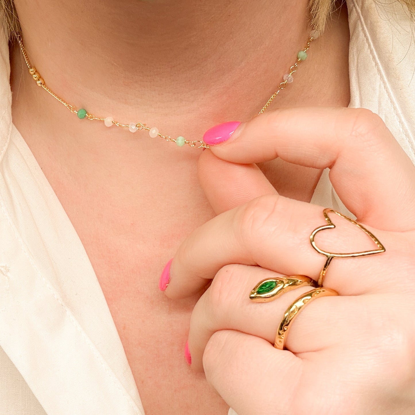 Yasmin Gold Green Bead Chain Necklace - Razzle and Rose Jewellery