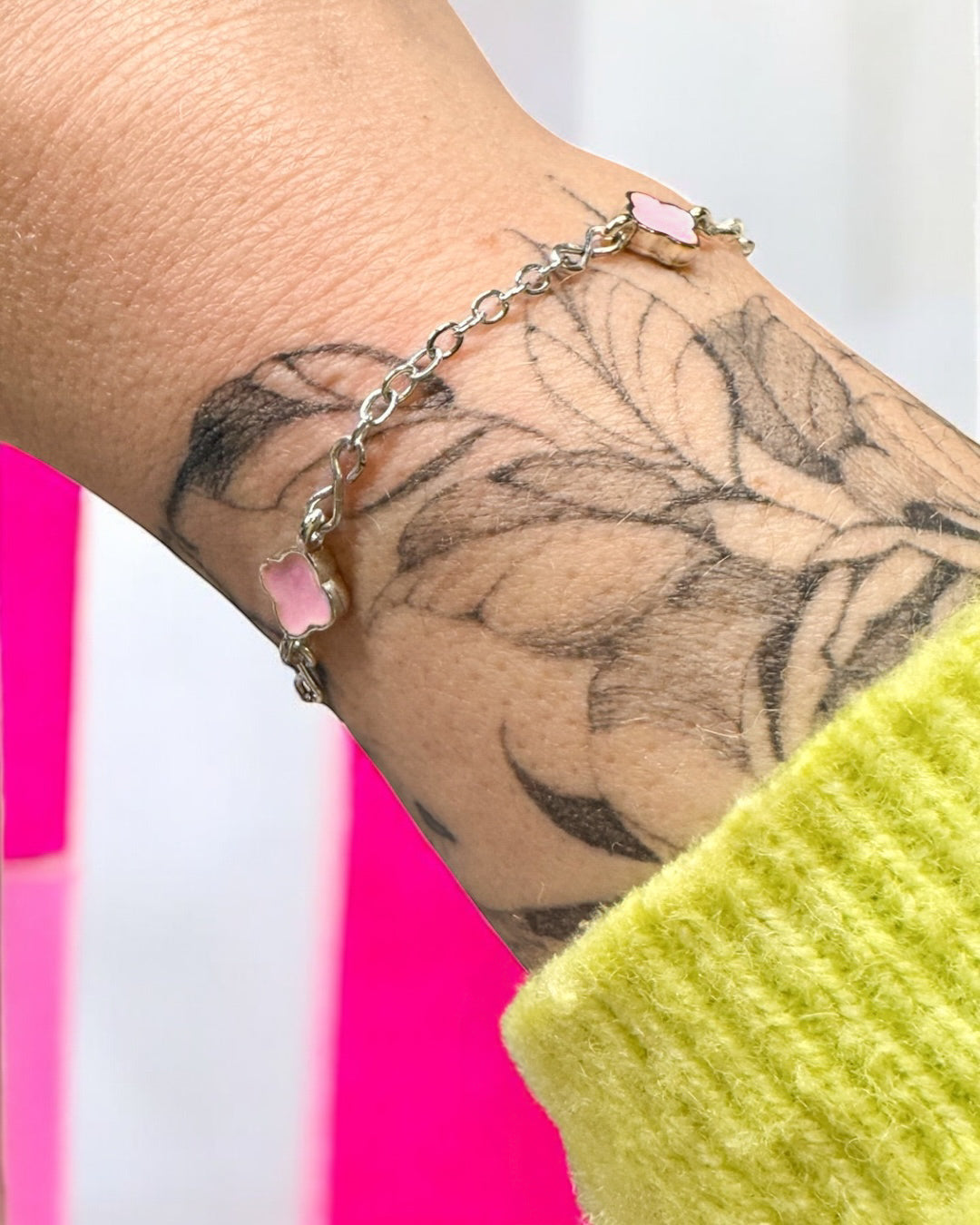 Camilla Baby Pink Clover Link Silver Bracelet