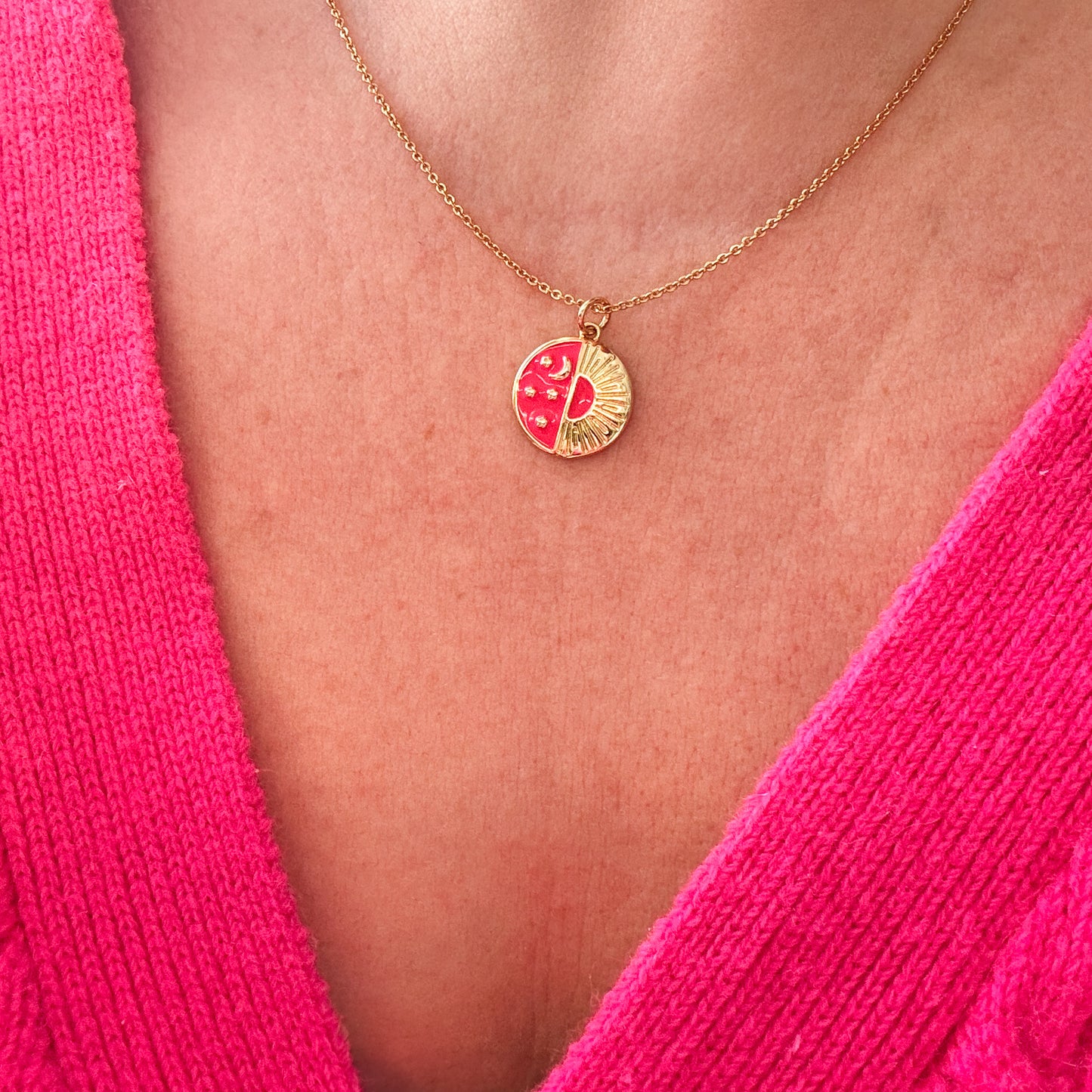 Aaliyah Pink Enamel Sun & Star Gold Pendant Necklace - Razzle and Rose Jewellery