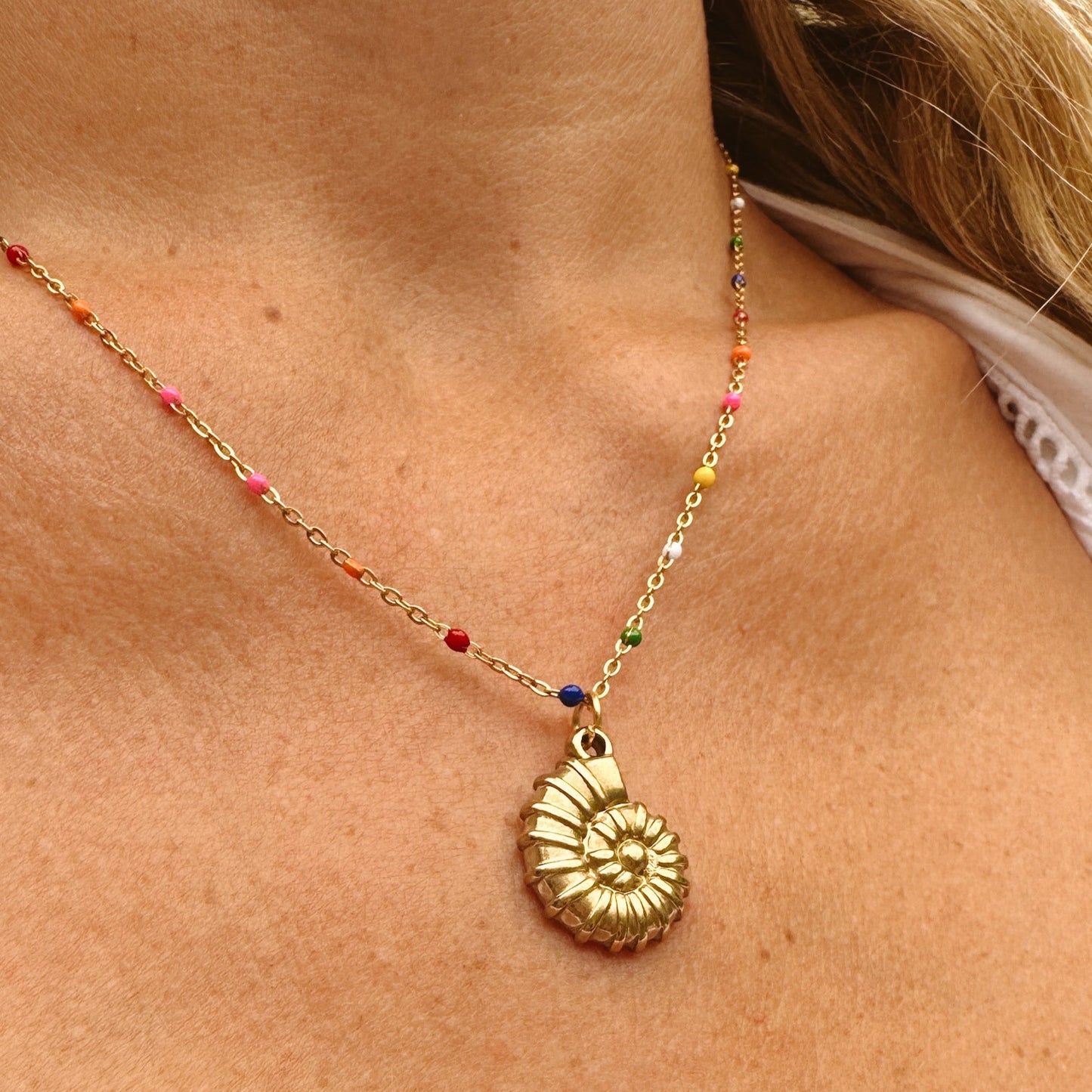 Elena Gold Rainbow Bead Necklace with Removable Shell Pendant - Razzle and Rose Jewellery