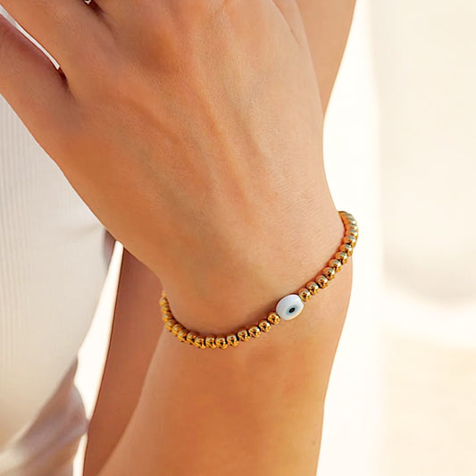 Aisha Evil Eye Gold Bead Stretch Bracelet - Razzle and Rose Jewellery
