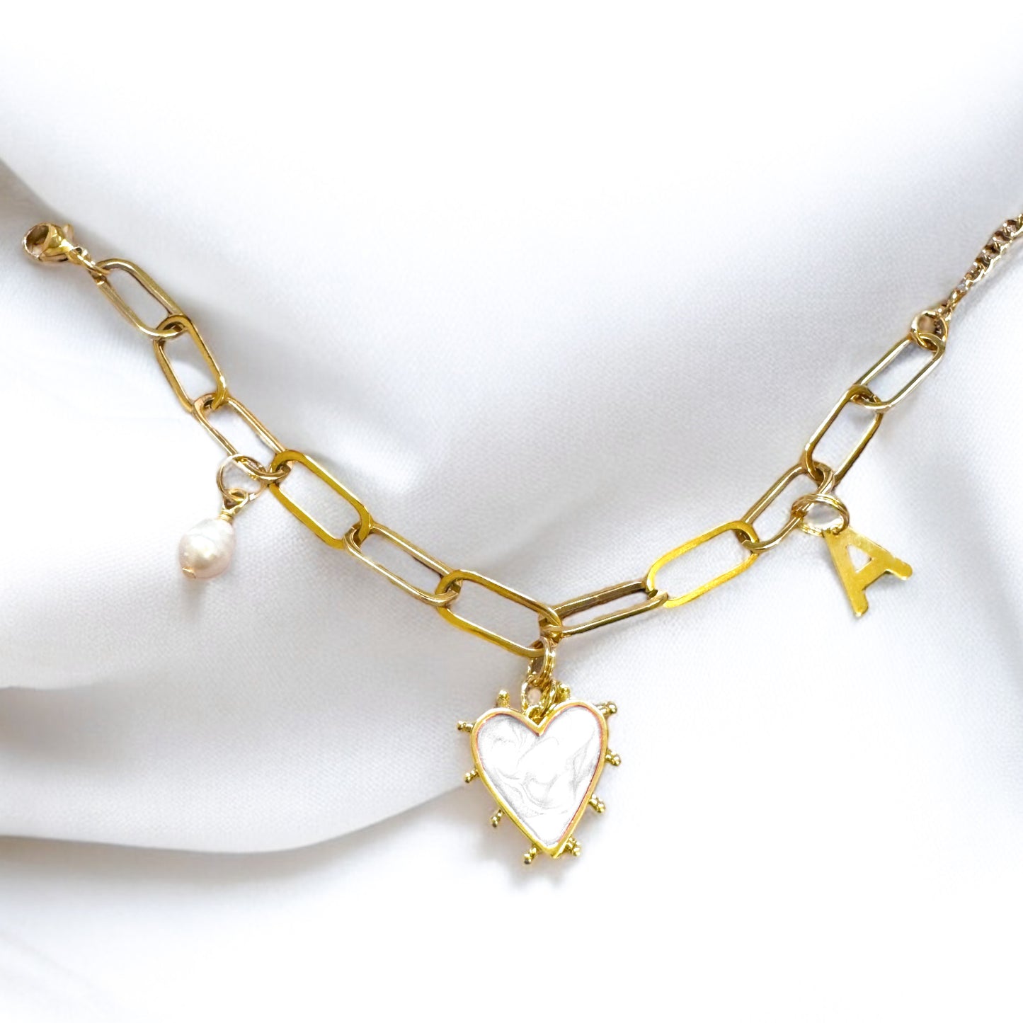Arabella Heart Initial Gold Charm Bracelet | White | Pink | Lilac | Aqua | Choose Your Charms