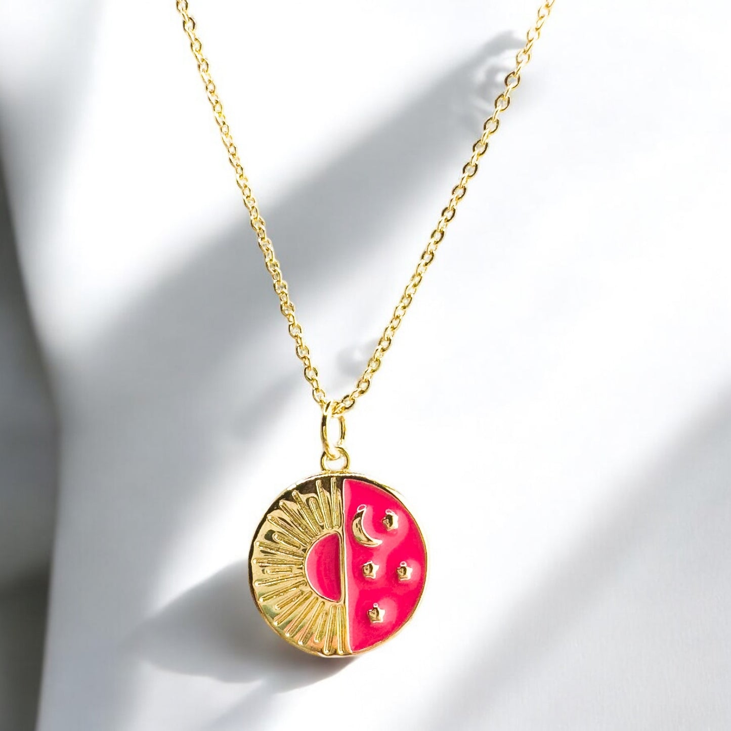 Aaliyah Pink Enamel Sun & Star Gold Pendant Necklace - Razzle and Rose Jewellery