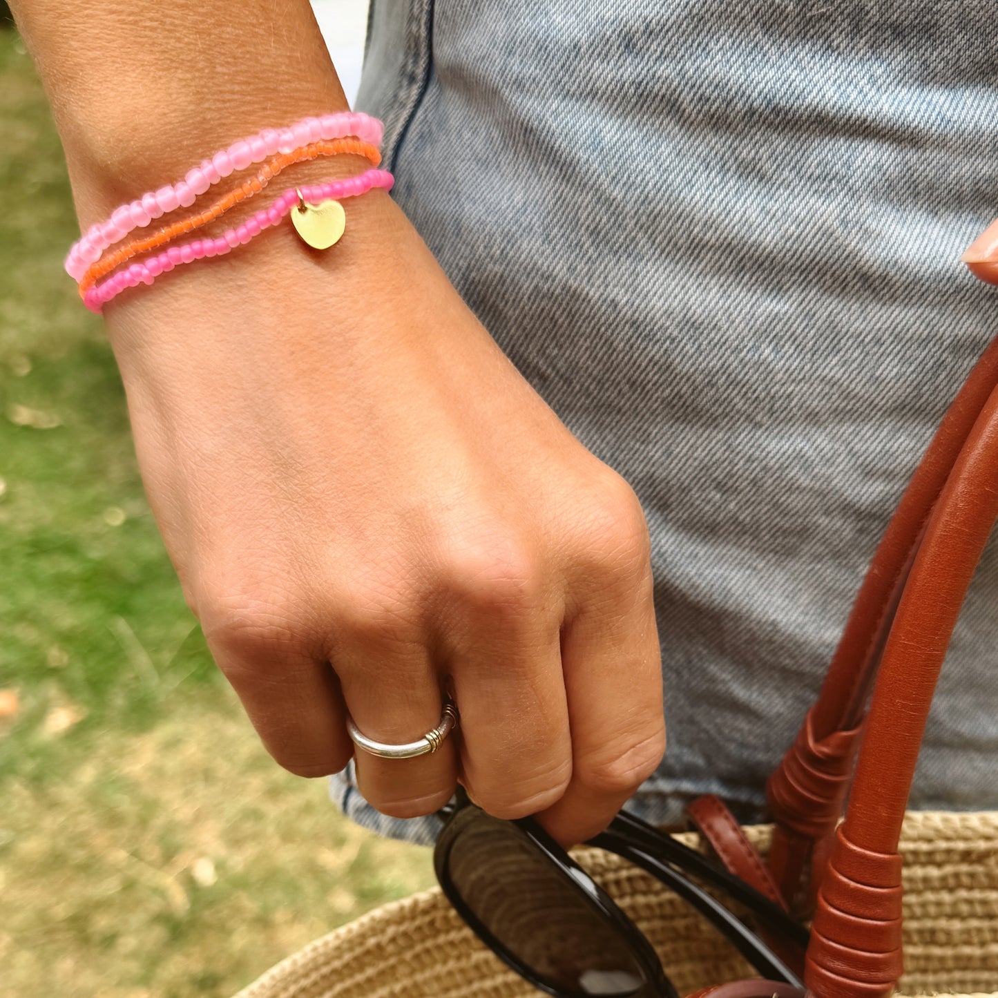 Katja Neon Beaded Bracelet with Gold Heart Charm - Razzle and Rose Jewellery