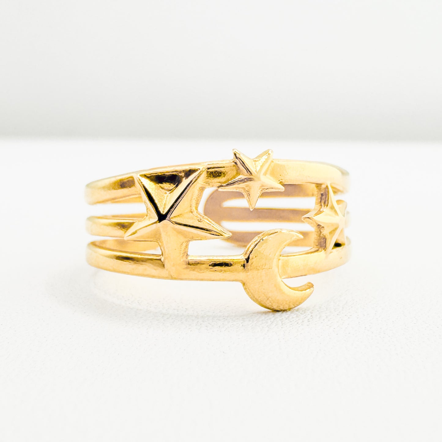 Nova Celestial Gold Triple Band Moon and Star Ring | Adjustable