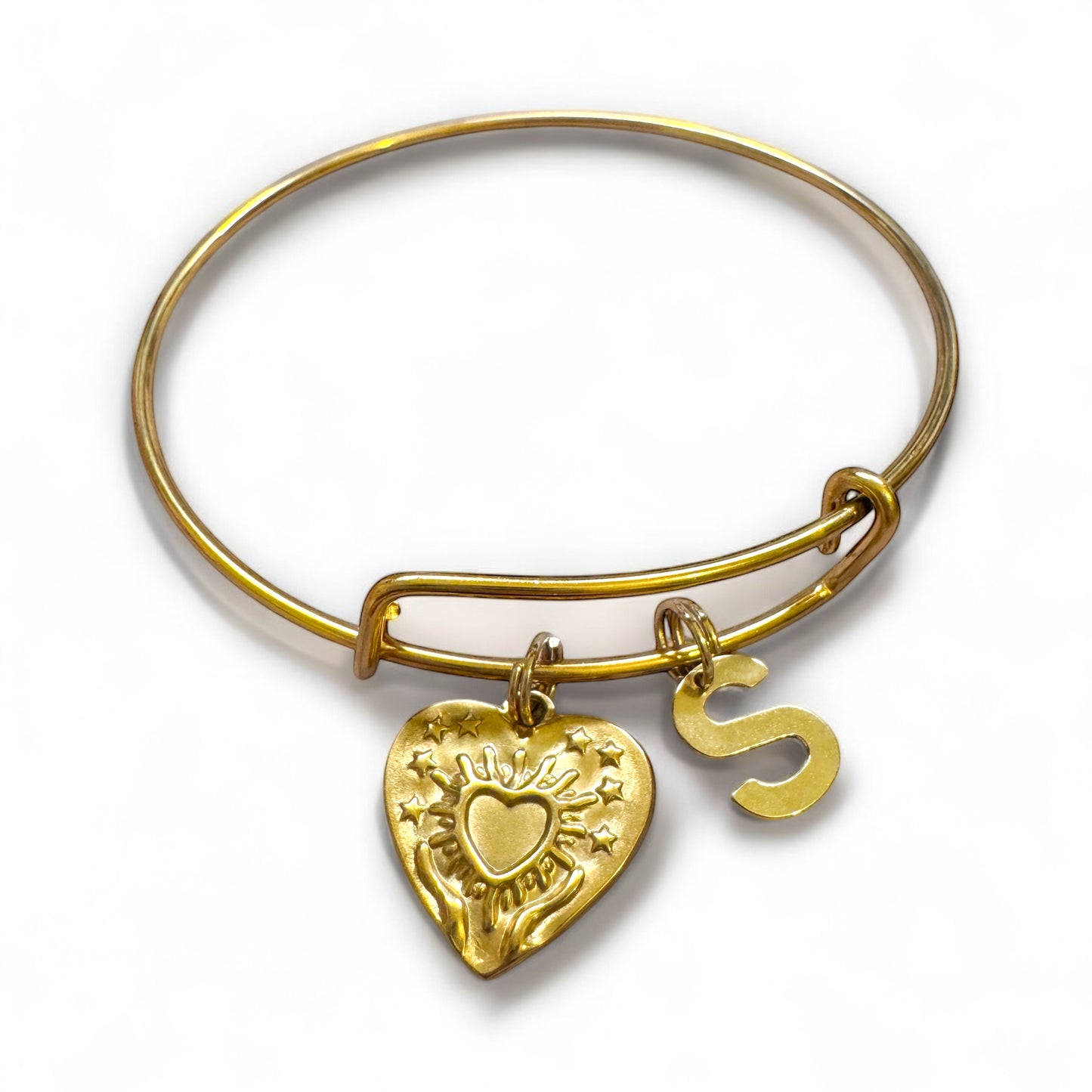 Willow Gold Heart Charm Bangle | Choose Your Initial | Adjustable.