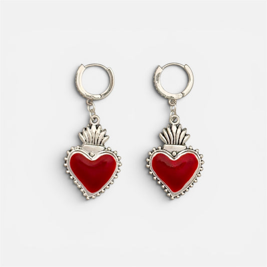 Clarissa Red Heart Silver Hoop Earrings