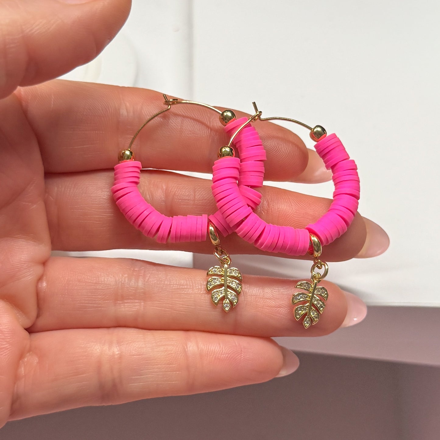 Hot Pink Beaded Hoops with Gold CZ Leaf Charm