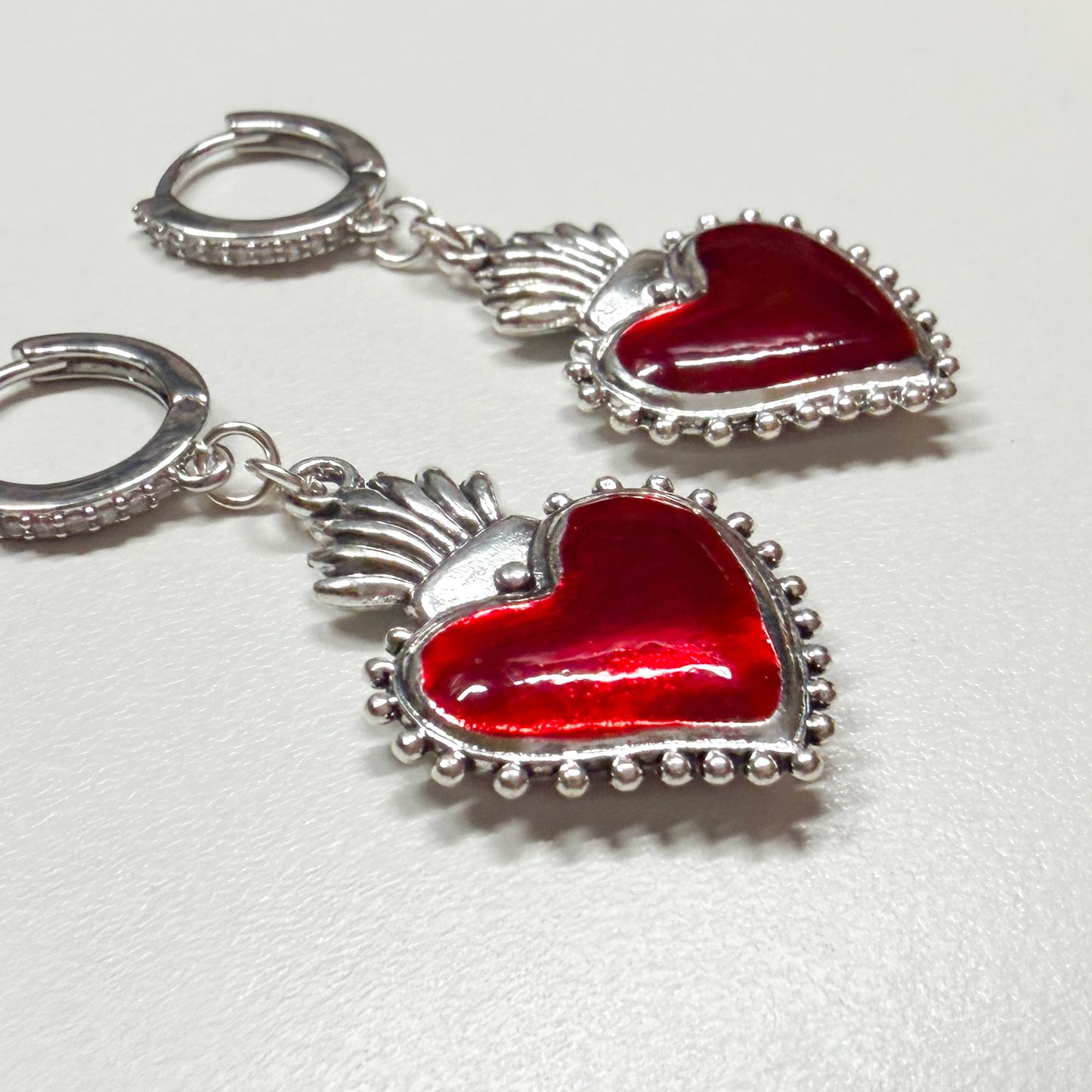 Clarissa Red Heart Silver Hoop Earrings