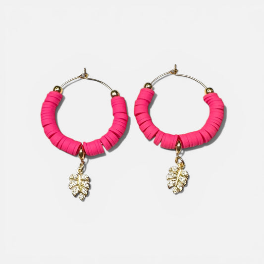 Hot Pink Beaded Hoops with Gold CZ Leaf Charm