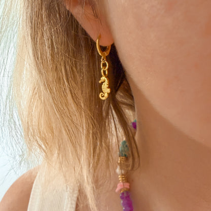 Barbados Seahorse Charm Gold Hoop Earrings