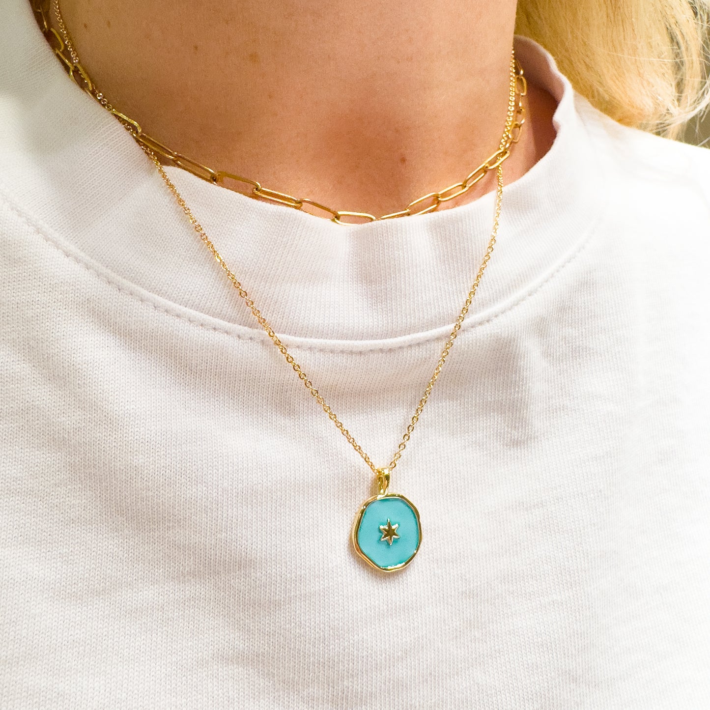 Freya Enamel Reversible Pendant Gold Necklace | Aqua