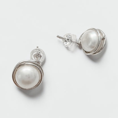 Freshwater Pearl Silver Wrapped Stud Earrings