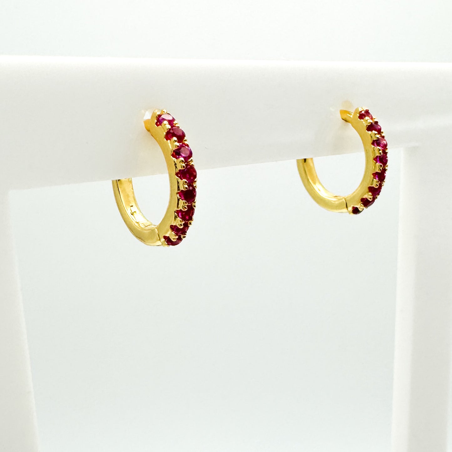 Camila Small CZ Gold Huggie Earrings | Clear | Magenta | Rainbow | Emerald Green Magenta Hoop Earrings Razzle and Rose