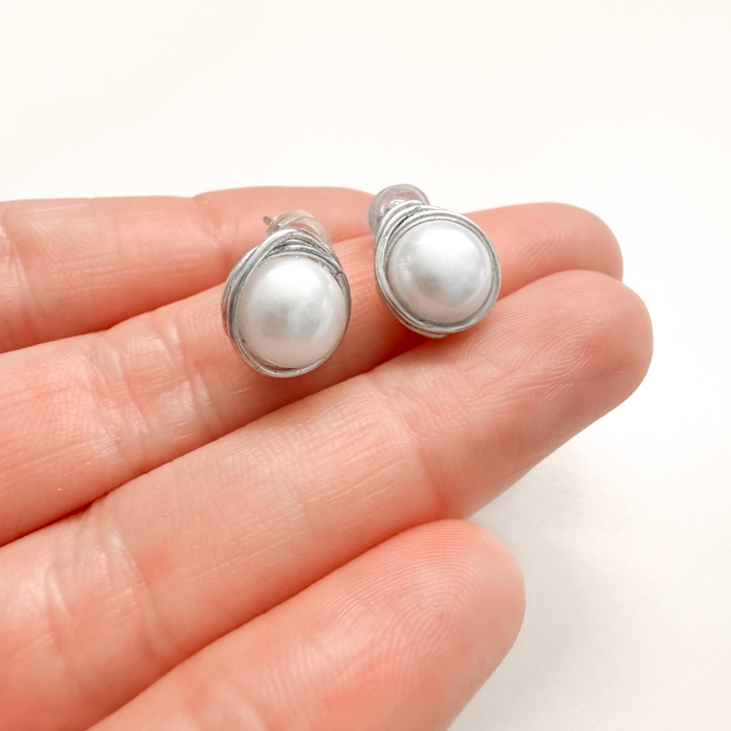 Freshwater Pearl Silver Wrapped Stud Earrings