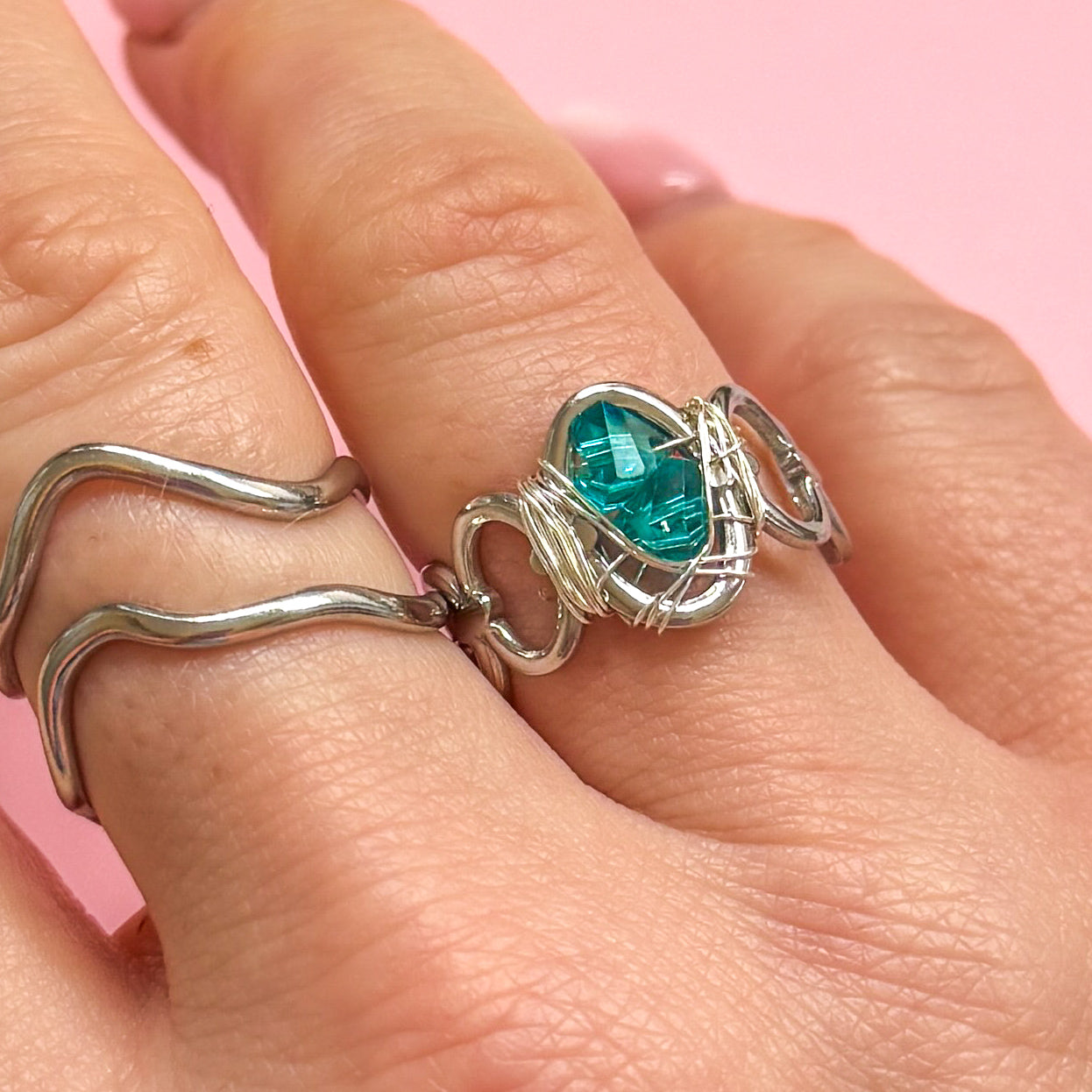 Aqua Crystal Silver Ring | Adjustable Fit