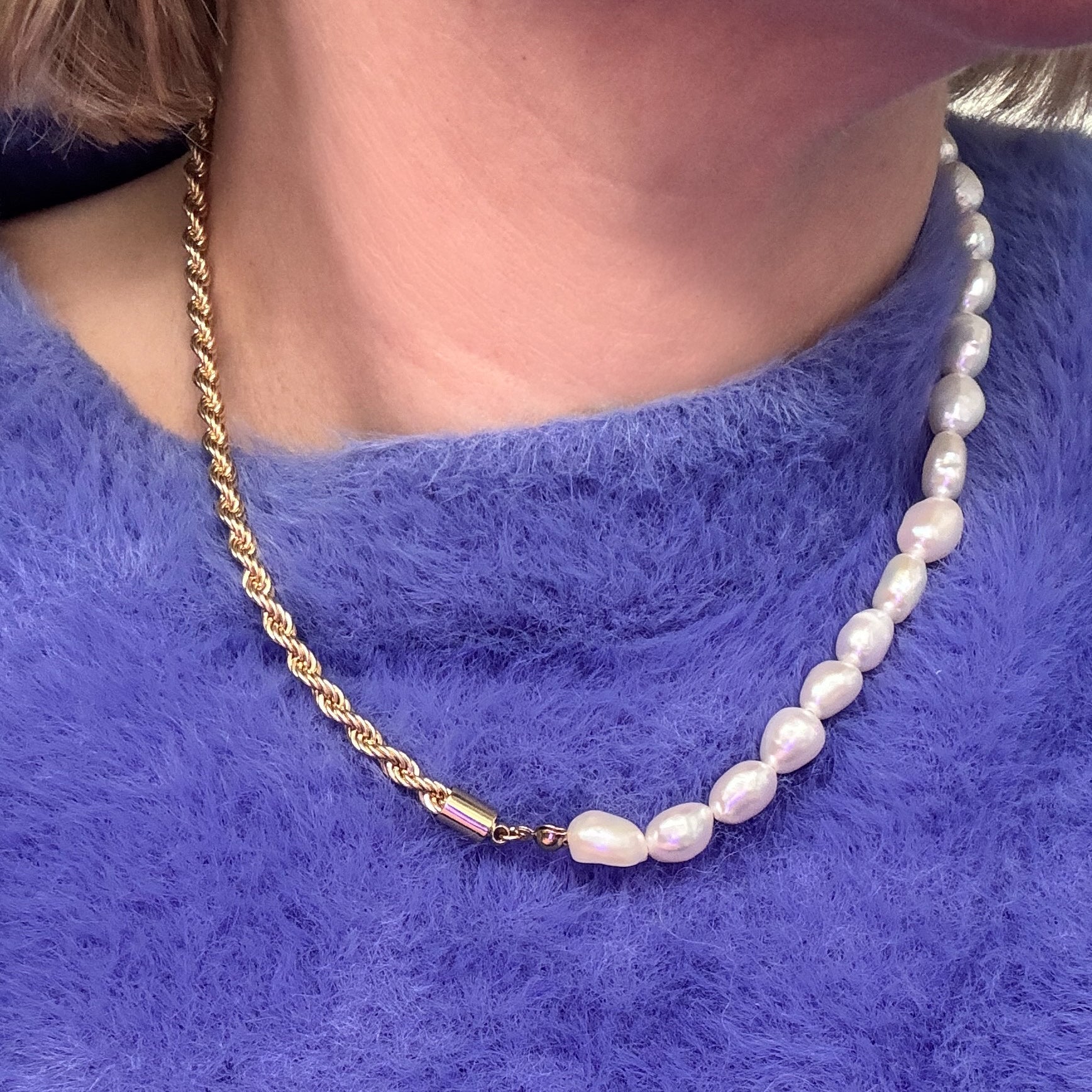 Gold Half Pearl Half Chain Necklace