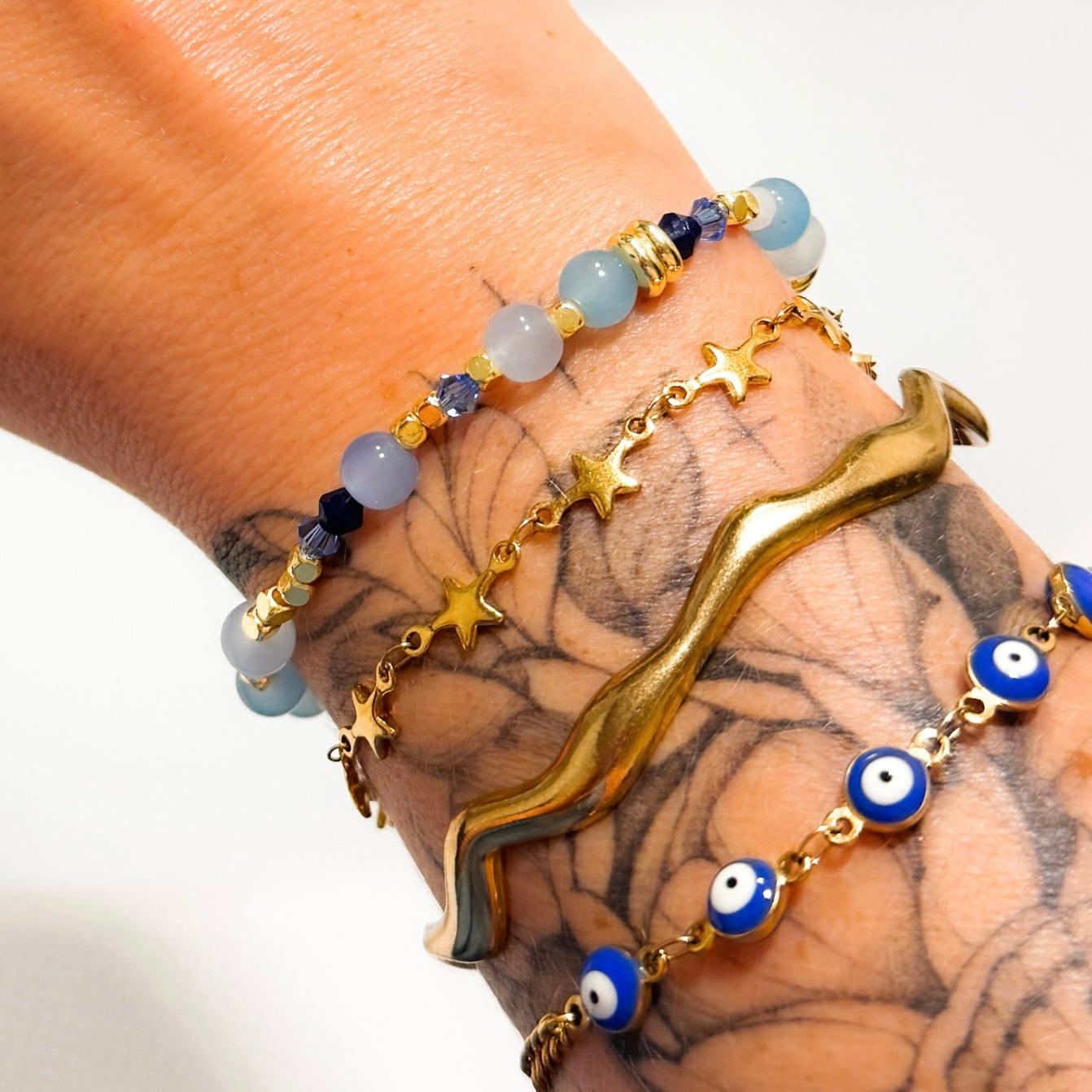 Blue Beaded Stretch Bracelet | 18k Gold Plated | Adjustable