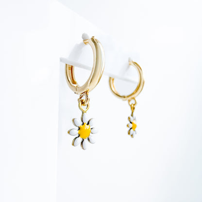 Flora Daisy Charm Gold Hoop Earrings