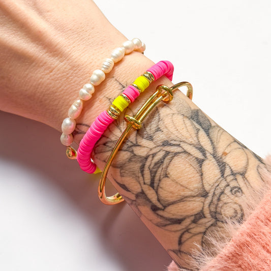 Neon Pink and Yellow Heishi Bead Stetch Beacelet | Adjustable Fit