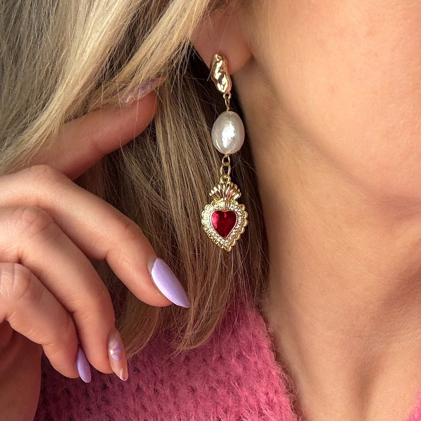 Clara Gold Pearl & Heart Statement Earrings