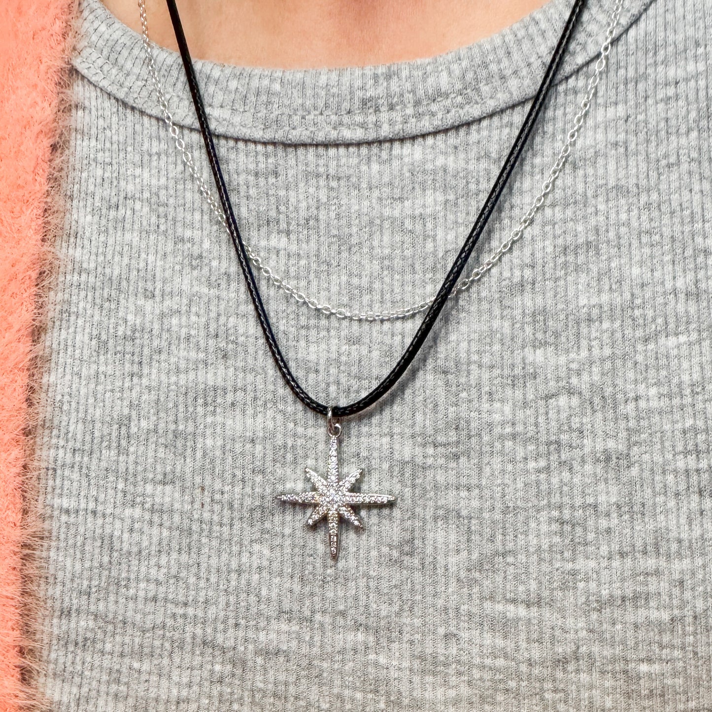 Silver Star Pendant Cord Necklace