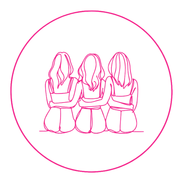A minimalist pink line art illustration of three women sitting together inside a circular frame on a white background.