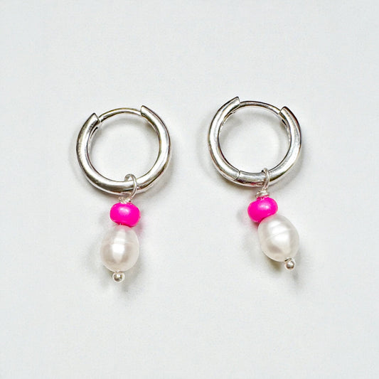 Rose Mini Pearl Sterling Silver Huggie Hoops with Removable Charms