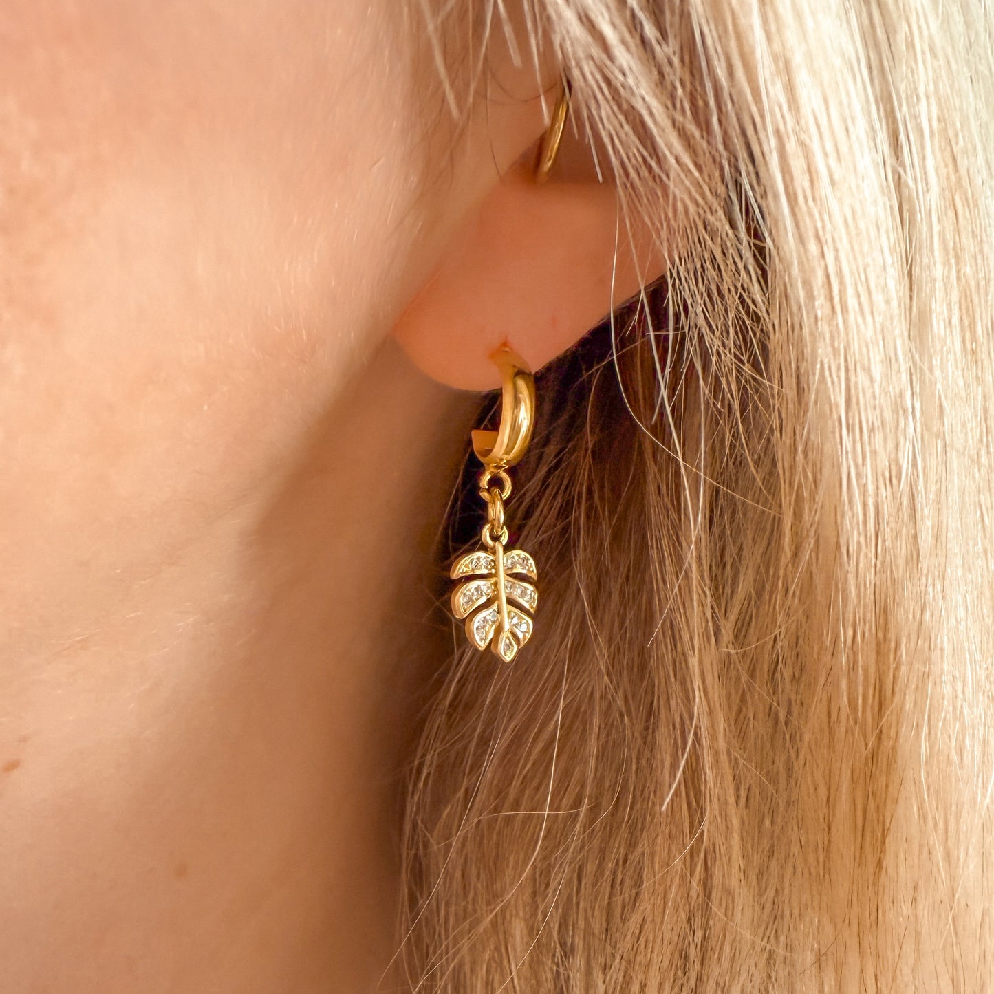 Caye Gold Monstera Leaf Gemstone Charm Hoop Earrings
