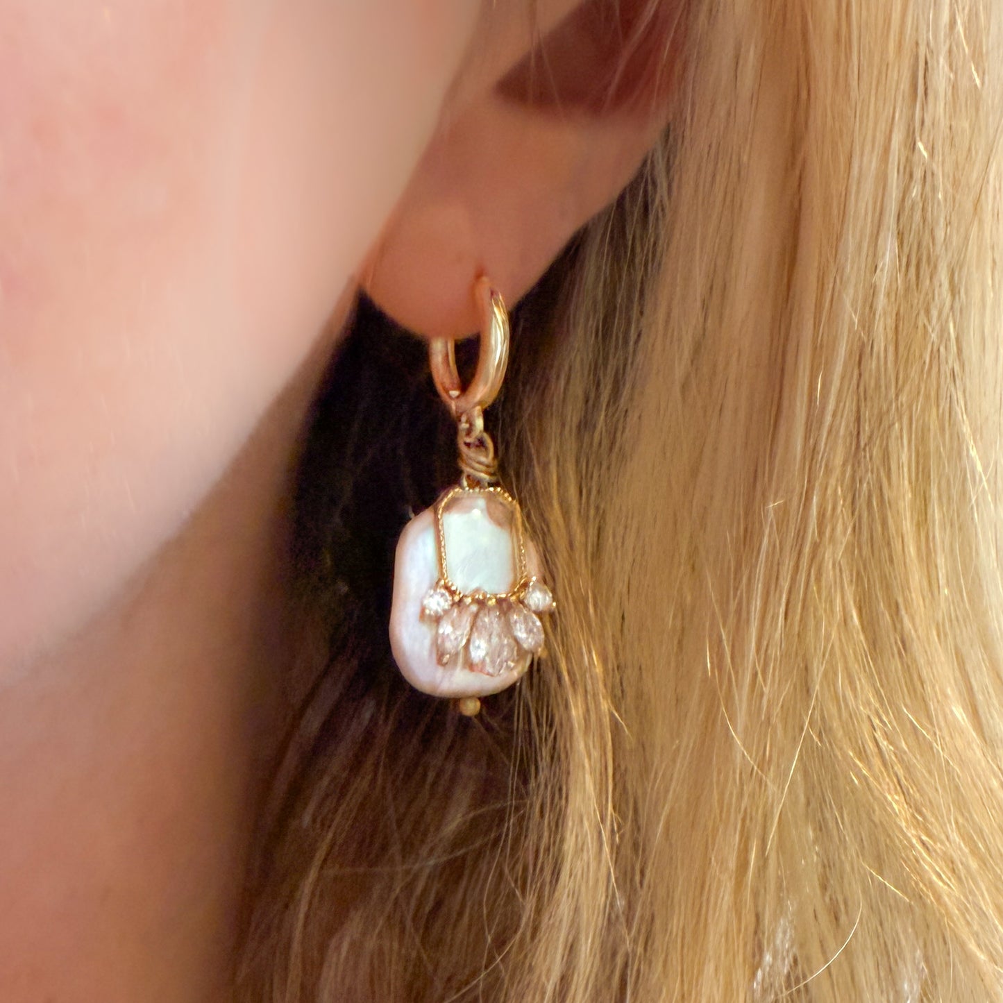 Saffi Gold Baroque Pearl Gemstone Charm Hoop Earrings