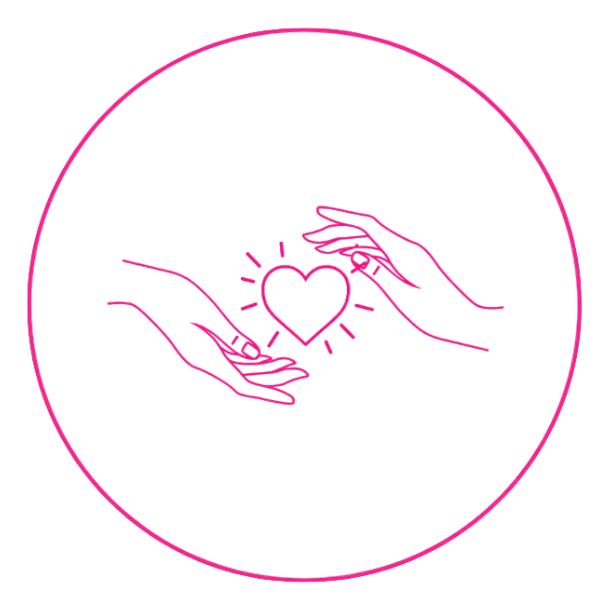 A minimalist pink line art icon depicting two hands reaching towards a glowing heart, enclosed within a large pink circle on a solid white background.
