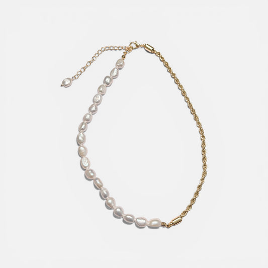 Gold Half Pearl Half Chain Necklace